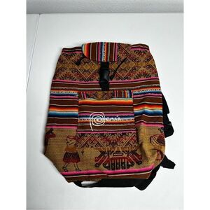 Peruvian Andean Fabric Backpack Multicolored - Native Woman Design Front Pocket